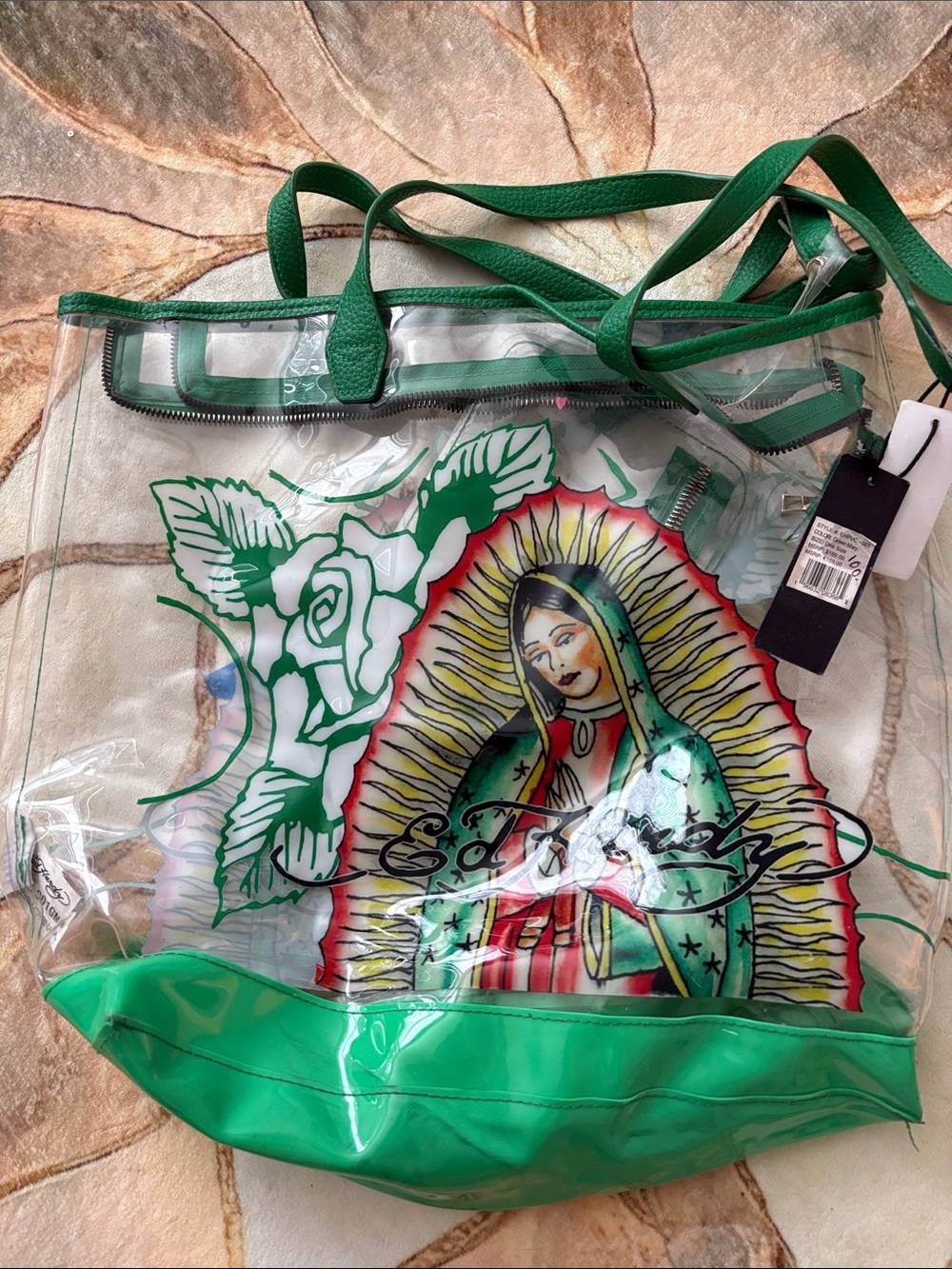 Y2K Alert ‼️ Ed Hardy Clear Tote with Green Trim and Virgin Mary Graphic